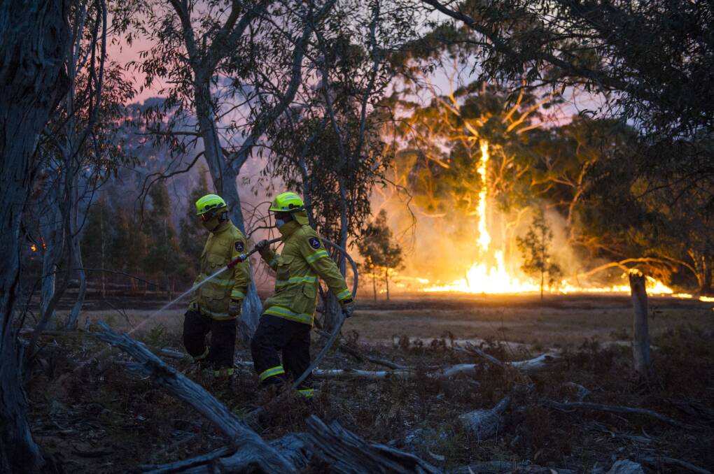 Firefighters work to put out fires at the edge of the NSW North Black Range bushfire. Picture: Dion Georgopoulos