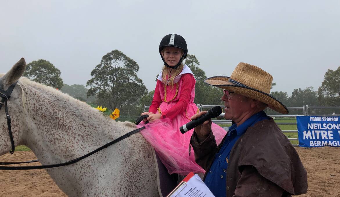 Milah, dressed as a princess, with Jay Jay dressed as a unicorn, at Cobargo Show's Fancy Dress Horse and Rider competition. Picture by Marion Williams