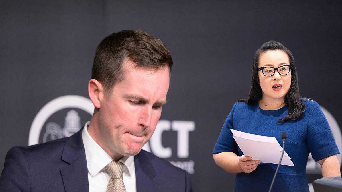 Skills Minister Chris Steel addressing corruption findings against the former CIT CEO and ACT Opposition Leader Elizabeth Lee (inset). Pictures by Keegan Carroll and ACT Legislative Assembly question time 16 May 2024. Elizabeth Lee. Picture by Sitthixay Ditthavong