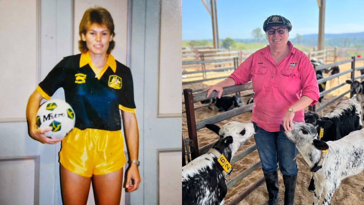 Amanda George then vs now, alongside three-week-old cattle at her workplace Platts Dairy in Quaama on the NSW Far South Coast. Picture by James Parker