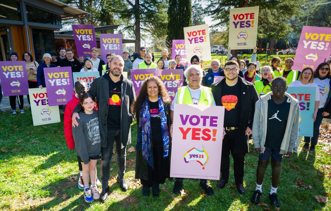 Joe Hedger, Paula McGrady, Wiradjuri Elder Boomanulla Williams and Ngunnawal man Noah Allan with fellow 'yes' campaigners at Come Together for Yes event at Salthouse Community Centre. Picture by Elesa Kurtz
