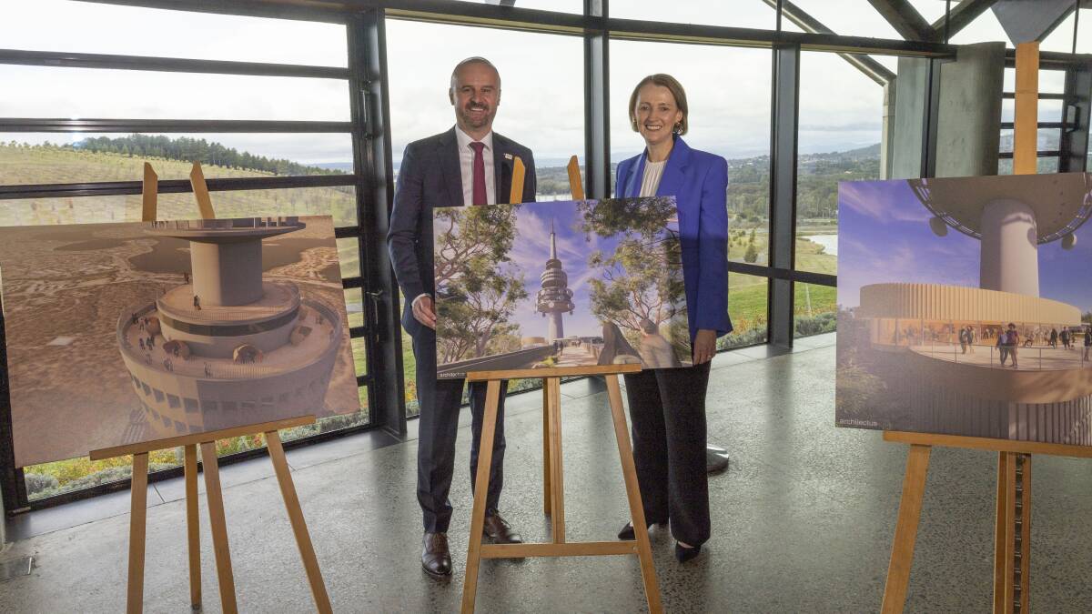 Chief Minister Andrew Barr and Telstra chief executive Vicki Brady at the National Arboretum on Tuesday, where they signed a letter of intent agreeing to work together on reopening Telstra Tower to the public. Picture by Gary Ramage