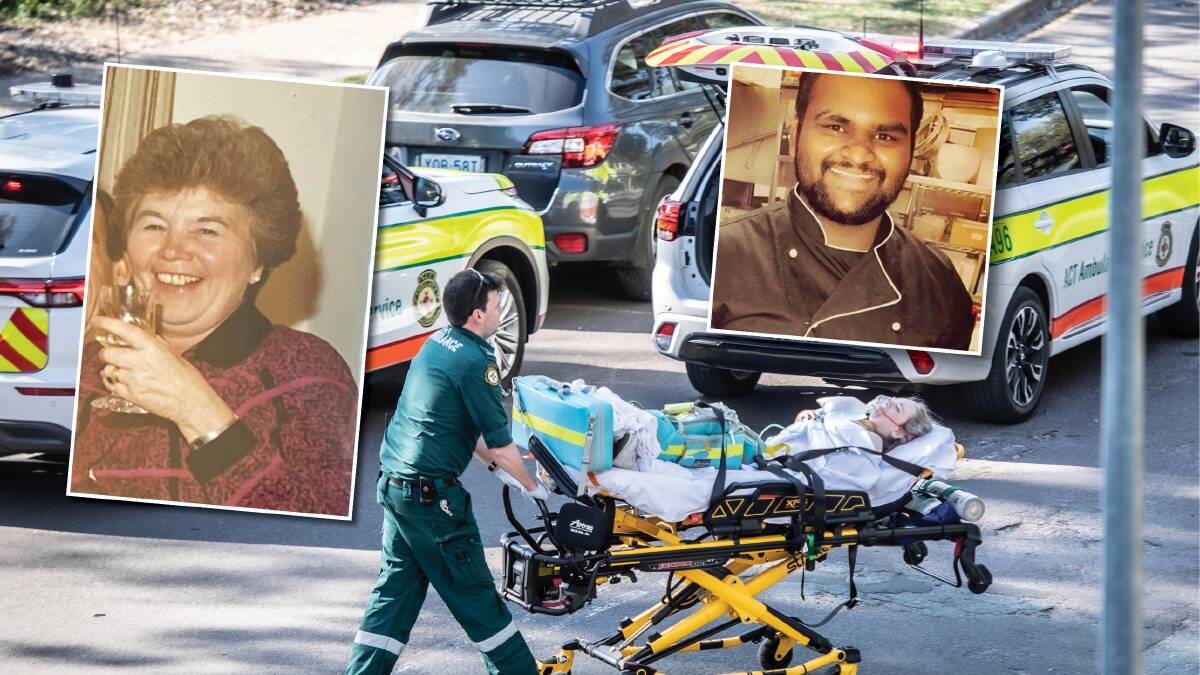 Left, Jean Morley was murdered by her husband Donald Morley in July. Centre, a female victim is wheeled to an ambulance at ANU after being allegedly stabbed by Alex Ophel. Right, Jude Wijesinghe has been charged with the murder of Tshewang Choden at the National Zoo and Aquarium. 